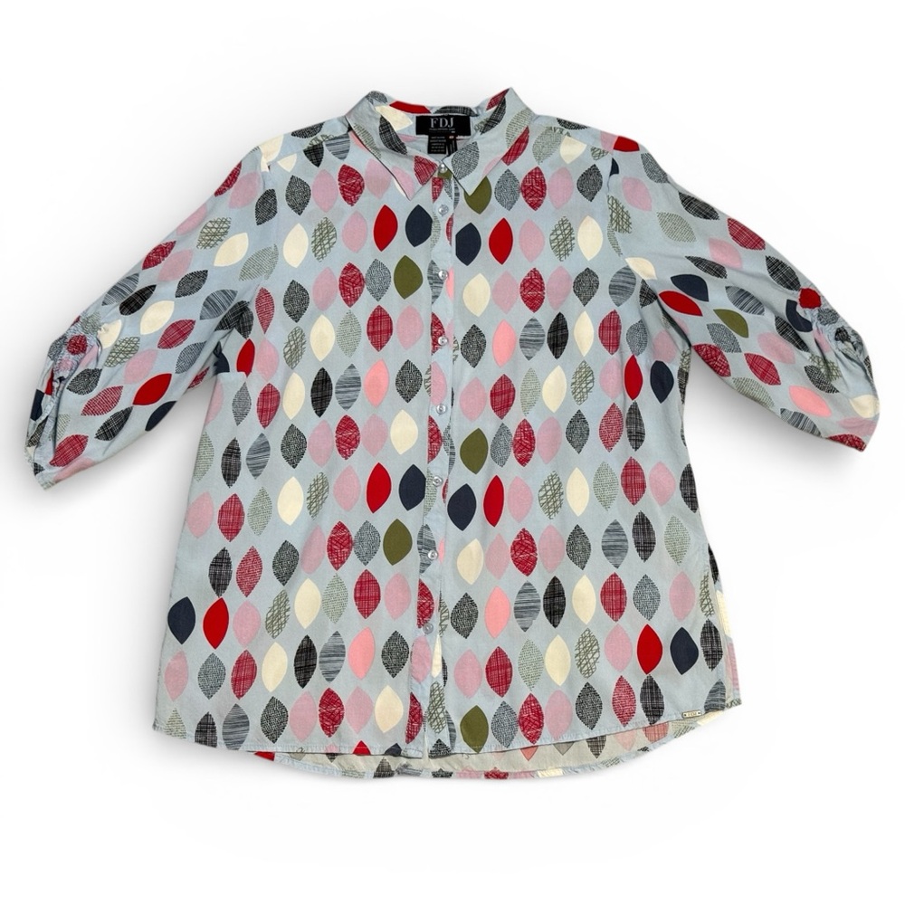 FDJ Printed Colorful Scrunch Sleeve Button Down Blouse